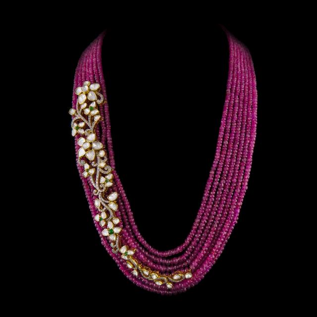 18K Gold Ruby Bead Necklace with Polki Floral Detailing