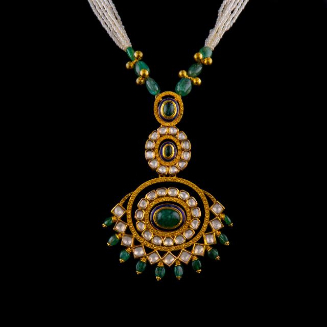 22K Jadau Gold-Polki Necklace Set with Blue Meenakari and Emerald Detailing
