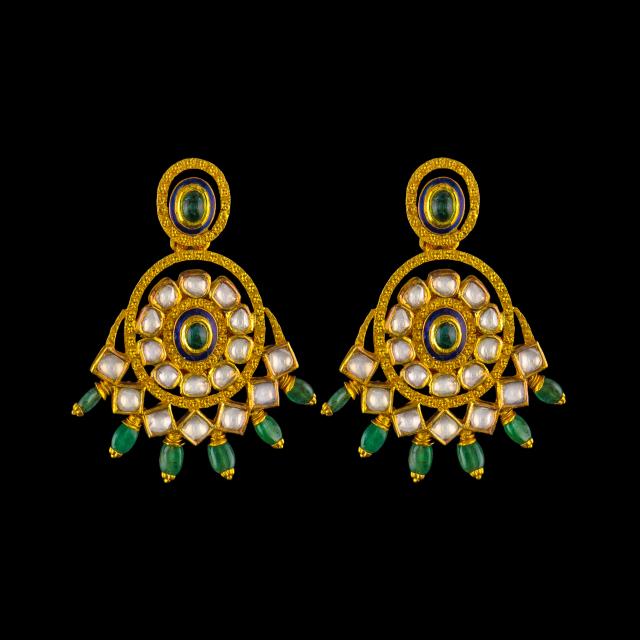 22K Jadau Gold-Polki Necklace Set with Blue Meenakari and Emerald Detailing