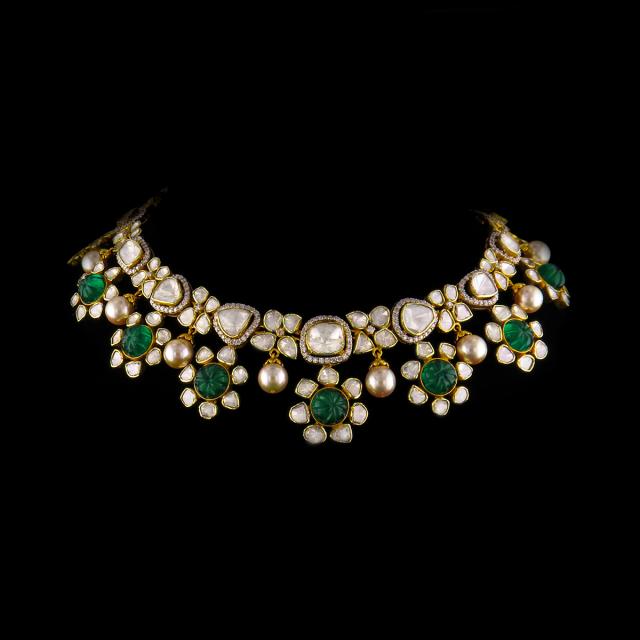 Exquisite 18K Gold Polki Choker Set with Carved Emeralds, Pearls & Diamonds